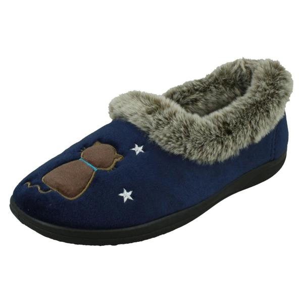 Padders Ladies Padders Slippers With Cats Motifs With A Faux Fur Trim Anna