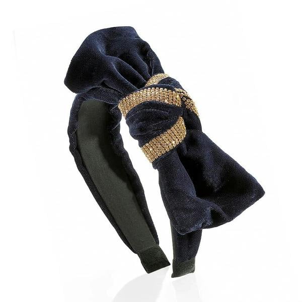 Pia Velvet Headband, Navy Knot Bow with Gold Crystal Detail, Glamorous