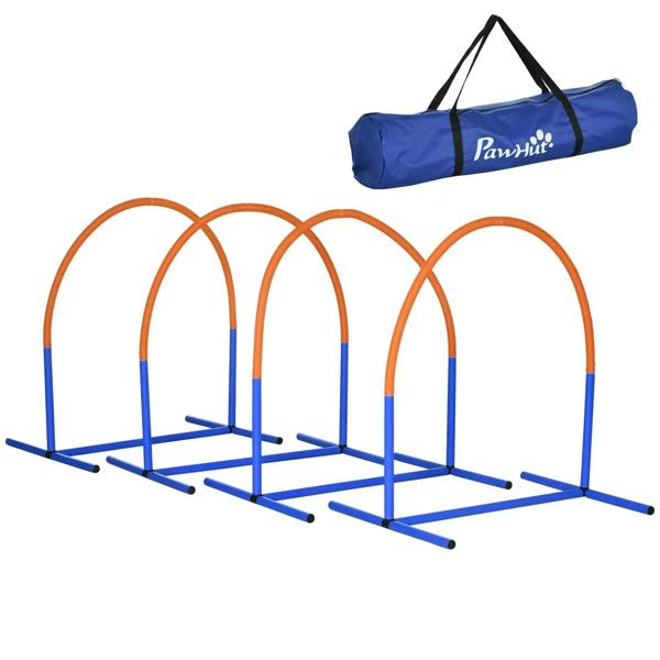 Four blue-based agility bow hurdles with orange arches and blue carry bag
