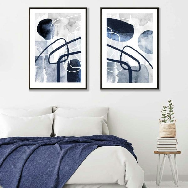 Navy Blue Abstract Shapes Framed Set of 2 Art Prints | Artze Wall Art UK