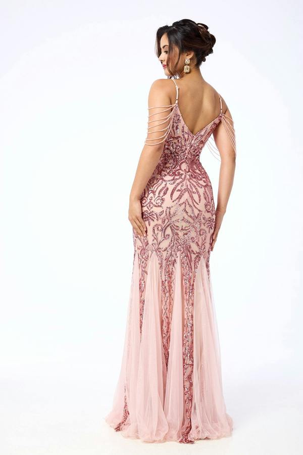 LuvForever Enora - Pink Jewelled Shoulder Sequin Maxi Dress