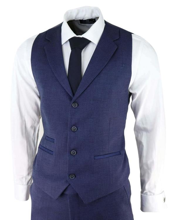 TruClothing Mens Navy Blue 3 Piece Tweed Herringbone Suit Peaky Blinders Classic Tailored
