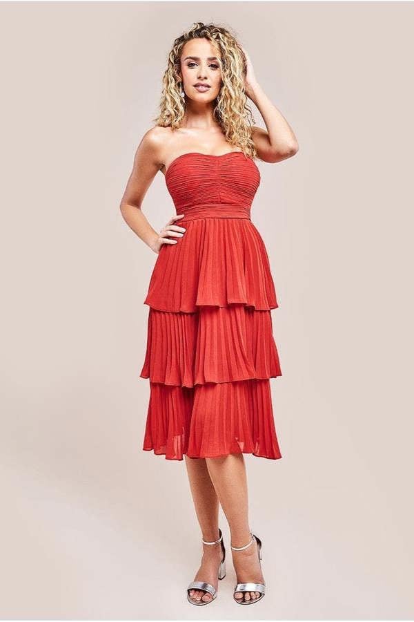 Pleated Bandeau Bodice Chiffon Tiered Midi - Orange DR3811