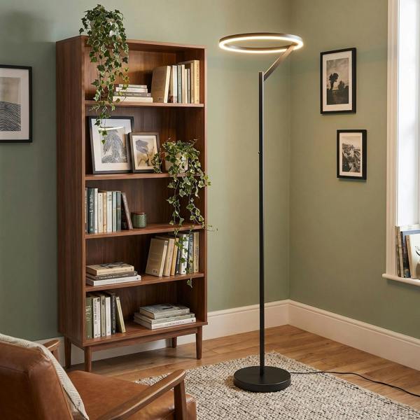 Designer Floor Lamp in Matte Black with Large LED Halo Light Ring Image 6