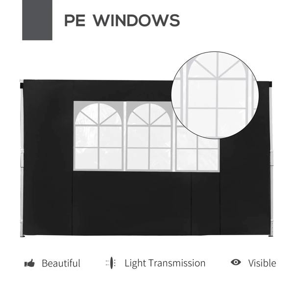 Black gazebo side panel with PE window insert featuring arched grid panes