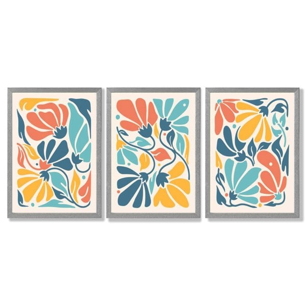 Set of 3 Colourful Floral Framed Art Prints with Light Grey Wooden Frames