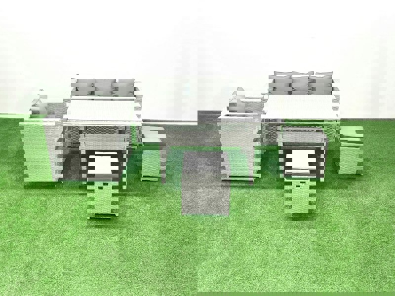 Fimous Garden Dining Set Outdoor Rattan Furniture Set with Sofa Dining Table Small Footstools Light Grey Mixed