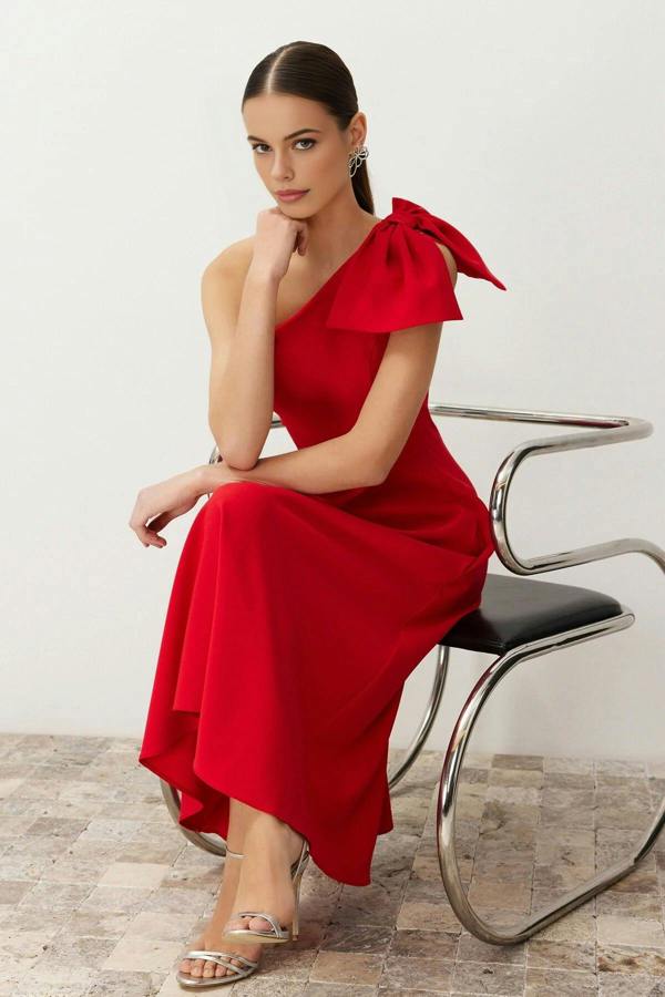 WOVCOR A-Line Elegant Woven Evening Gown with Bow Detail