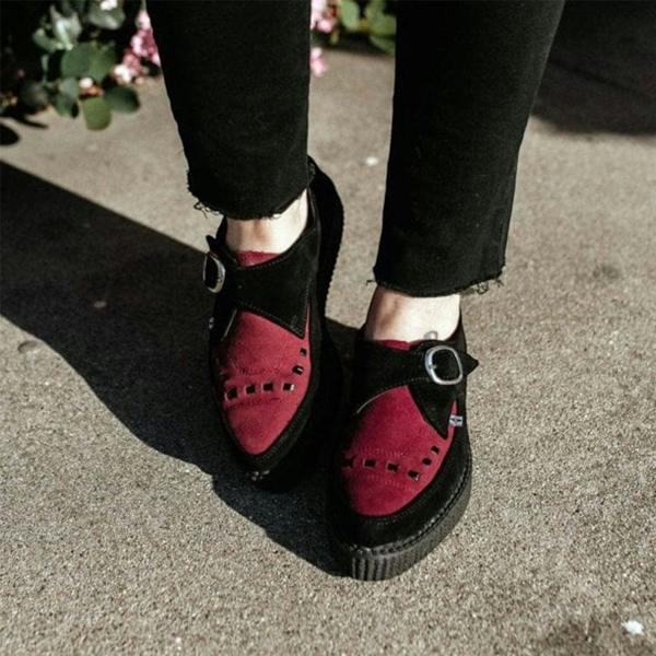 TUK Footwear TUK Pointed Creeper Black Burgundy Suede Monk Buckle Platform Shoes - A9592