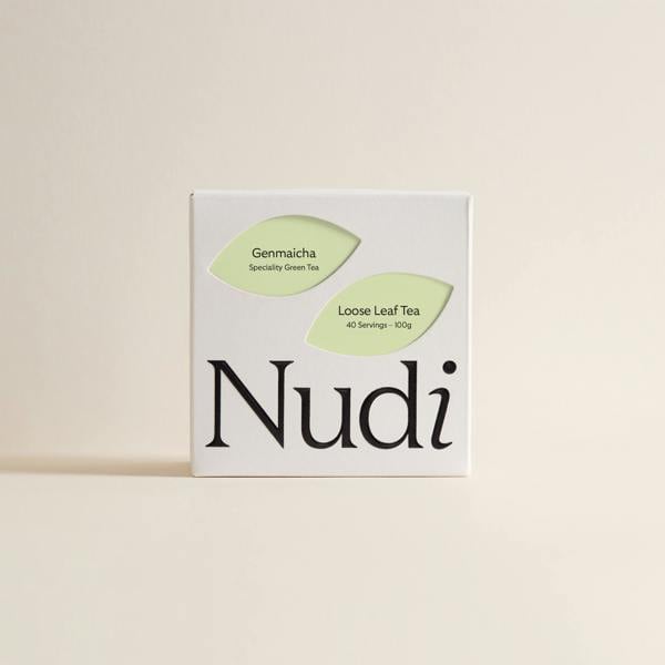 Nuditea genmaicha luxury tea box with two pale green and mint leaf designs.