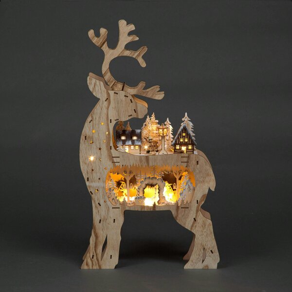 Shatchi 69cm Brown Wooden Laser Cut Reindeer Light with Village Scene and Warm White LEDs