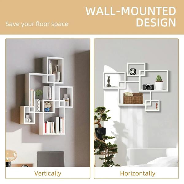 White interlocking cube wall shelf arranged vertically with multiple open squares