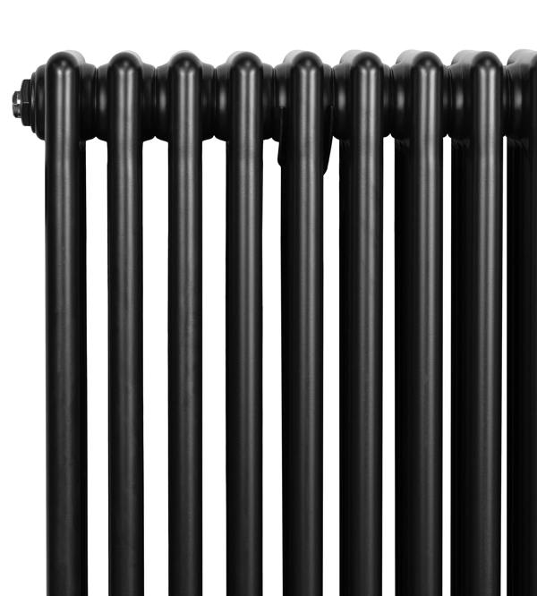 Traditional black 4 column radiator with a sleek, glossy finish, showcasing its elegant vertical lines and sturdy design