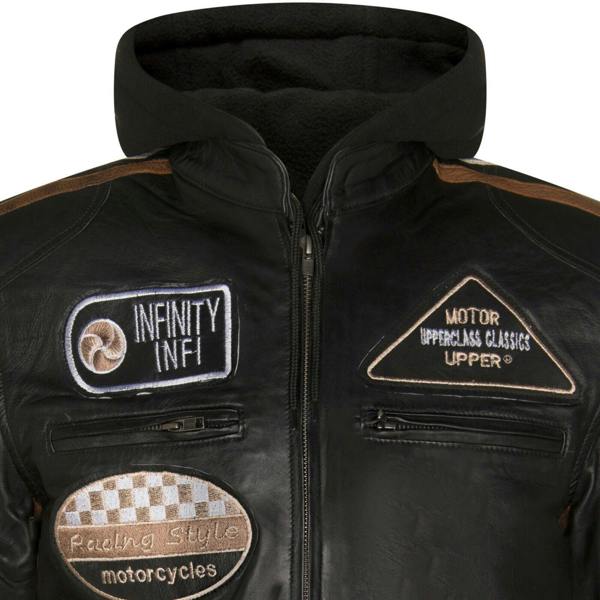 Infinity Leather Mens Racing Hooded Leather Biker Jacket-Detroit