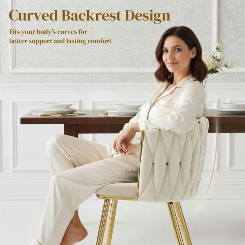 Wyld Haus Sosura Set Of 2 Cream Velvet Upholstered Dining Chairs With Woven Back And Armrests