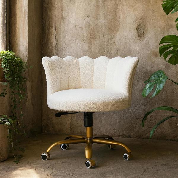 Wyld Haus Sarlat White Boucle Scalloped Cosy Swivel Chair With Brass Base