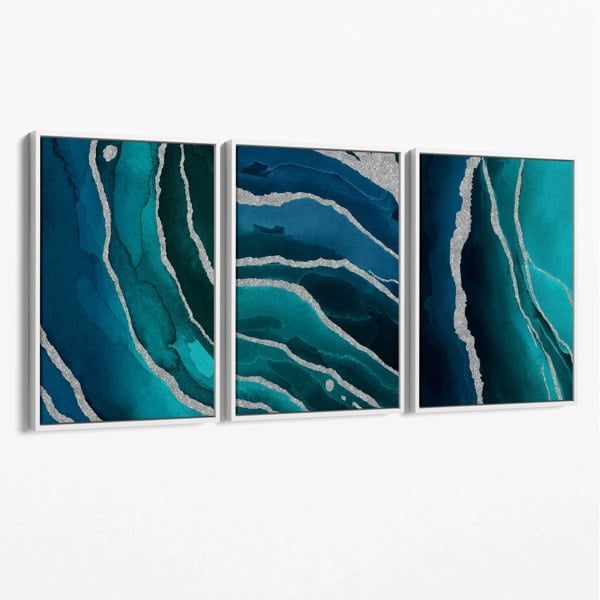 Artze Wall Art Set of 3 Teal, Navy Blue and Silver Canvas Art Prints