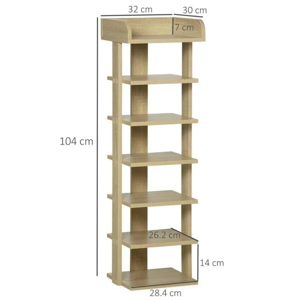 Oak seven-tier shoe rack organizer, tall cabinet with multiple open shelves