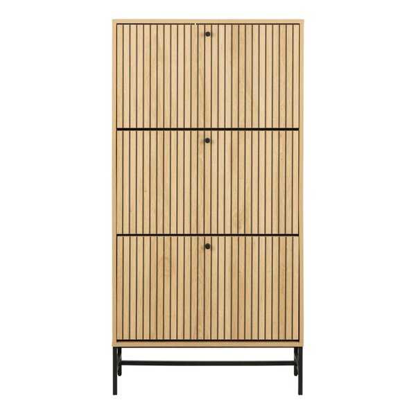 Wyld Haus Bjork Natural Oak Wood and Black Panelled Shoe Cabinet 3 Doors