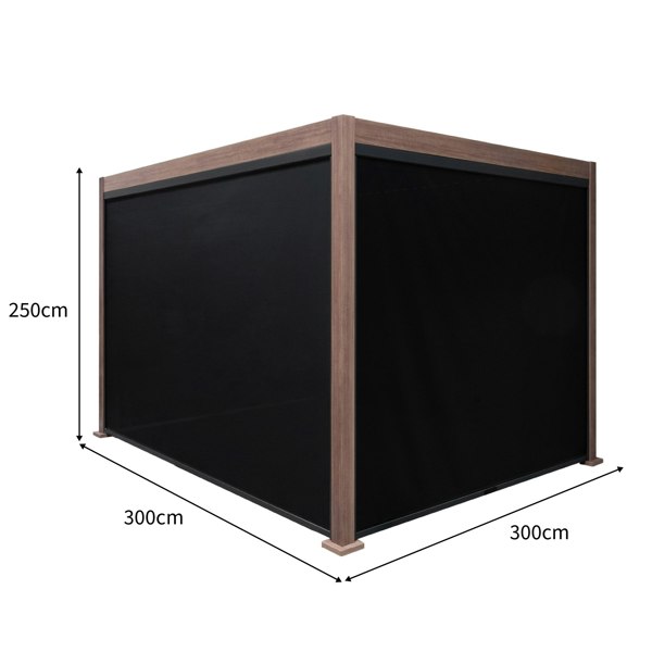 Wood effect aluminum pergola with blinds, 3m x 3m, featuring a sleek design, dark fabric blinds, and sturdy wood-like frame