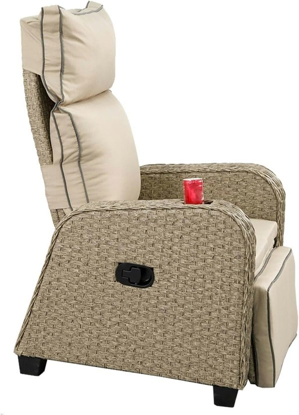 Furniture One Outdoor Wicker 170° Lay Flat Recliner Chair with Soft Cushions, Adjustable Backrest and Footrest - Natural