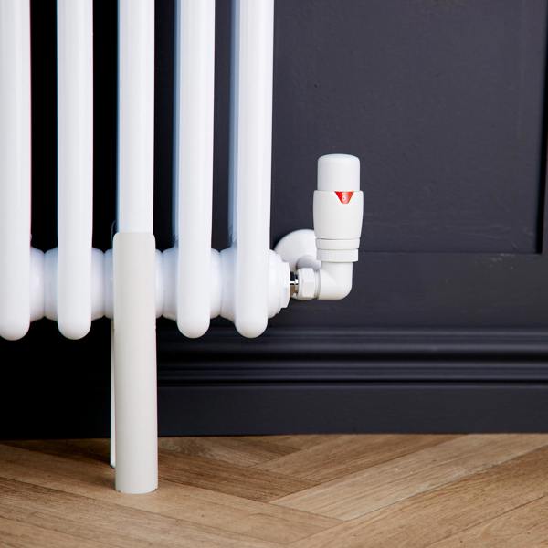 Flode Corner Round Thermostatic TRV & Lockshield | 15mm x 1/2″ | Matt White