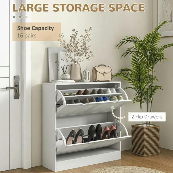 White shoe cabinet with open flip drawer and louvered front panels