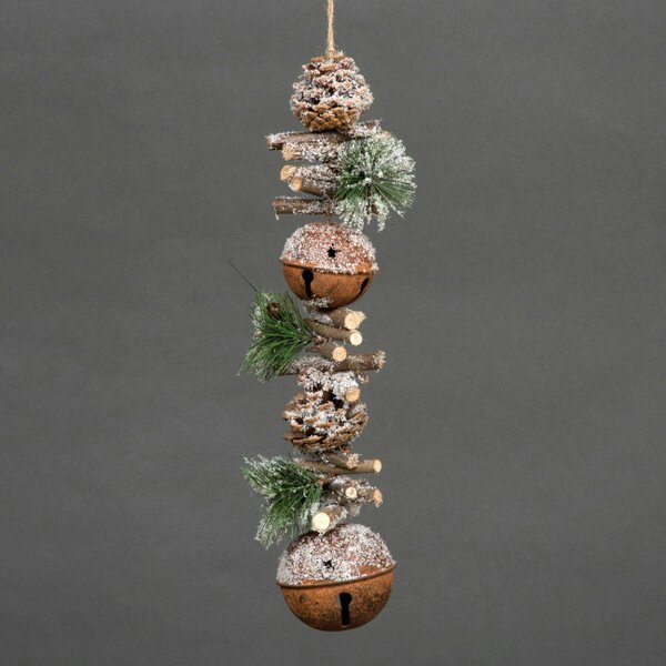 Shatchi 50 cm Rustic Hanging Decoration with Jingle Bells, Wooden Sticks, Berries and Pinecones for Christmas Home, Wall or Door Display