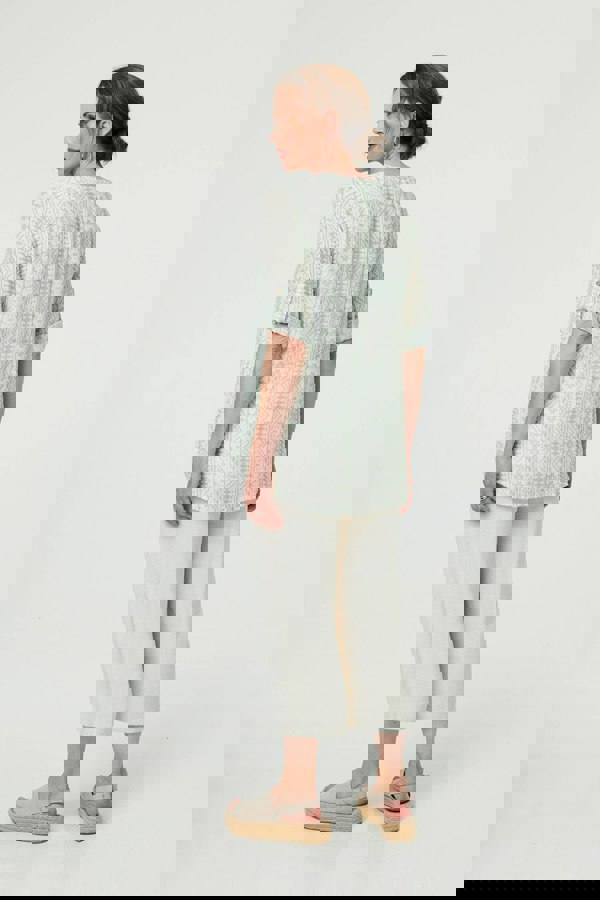 Sage | Printed Button Front Curve Hem Blouse
