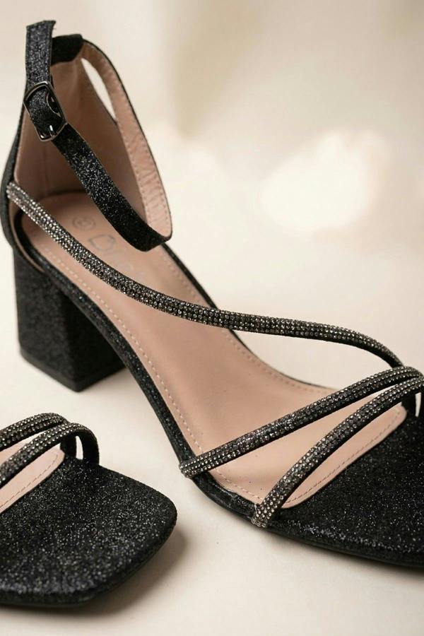 Saoirse Glitter Block Heel Strappy Sandals - Black