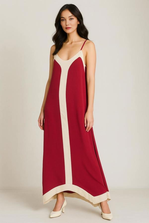 Hoxton Gal Relaxed Fit Cami Midi Dress in Burgundy and Beige