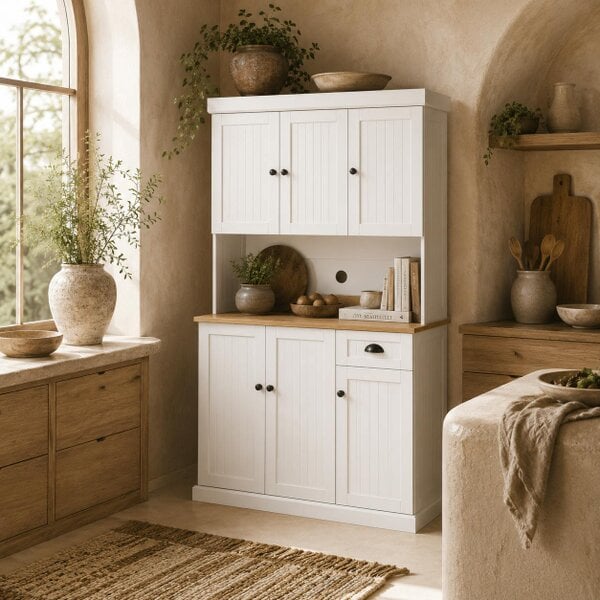 Wyld Haus Moviel 180cm Tall Wooden White Kitchen Storage Cabinet With Open Counter Drawers And 6 Doors