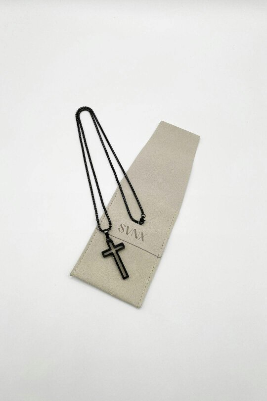 SVNX Hollow Cross Pendant Necklace in Black