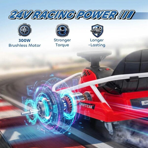 24V Electric Go Kart for Kids with Drift Mode, 300W Brushless Motor, Soft Start and Dual Speed for Ages 6-10, Red