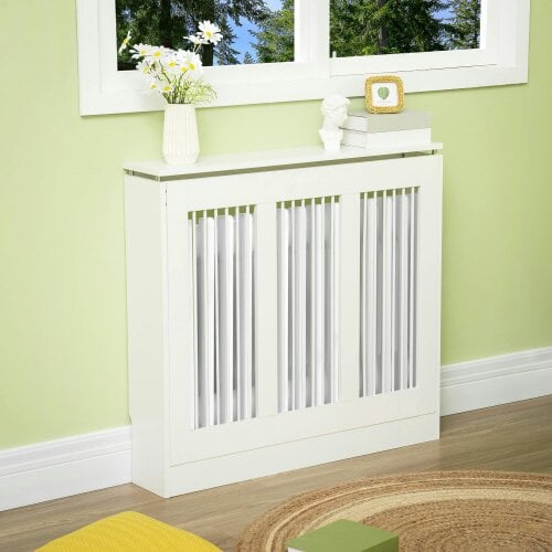 HOMCOM Radiator Cover Vertical Slatted MDF Steel for Heat Circulation White