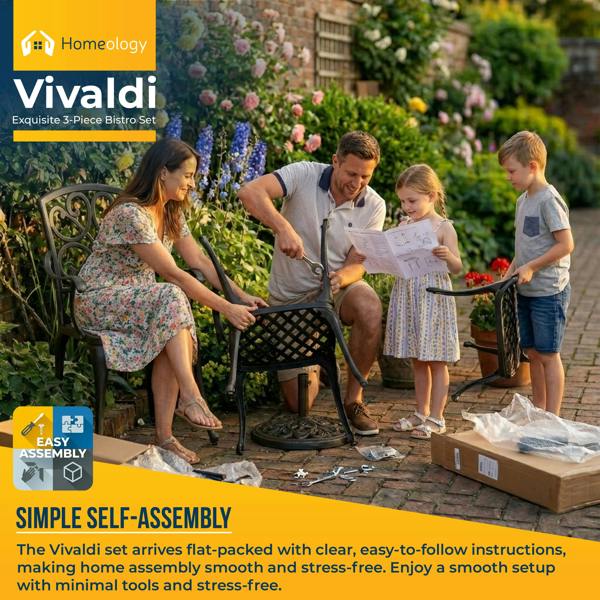 Homeology VIVALDI Black 3-Piece Cast Aluminium Garden Bistro Set - Round Table & 2 Generously Sized Chairs - for Patio, Balcony & Conservatory