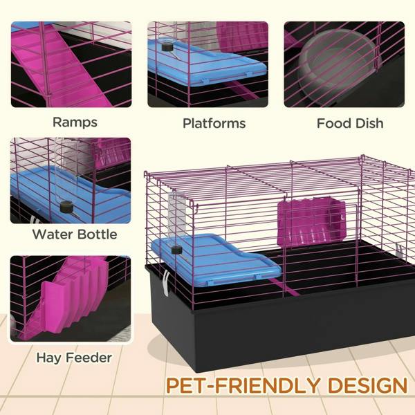 Small pet cage features: purple wire frame, blue platform ramp, and water bottle