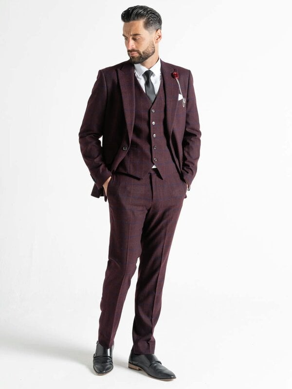 V2 Classic Kensignton Three Piece Suit - Soft Plum Tweed With Blue Checks