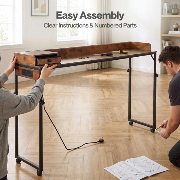 Levede Overbed Table 180cm 84-109cm Mobile with Charging Station Bedroom Brown