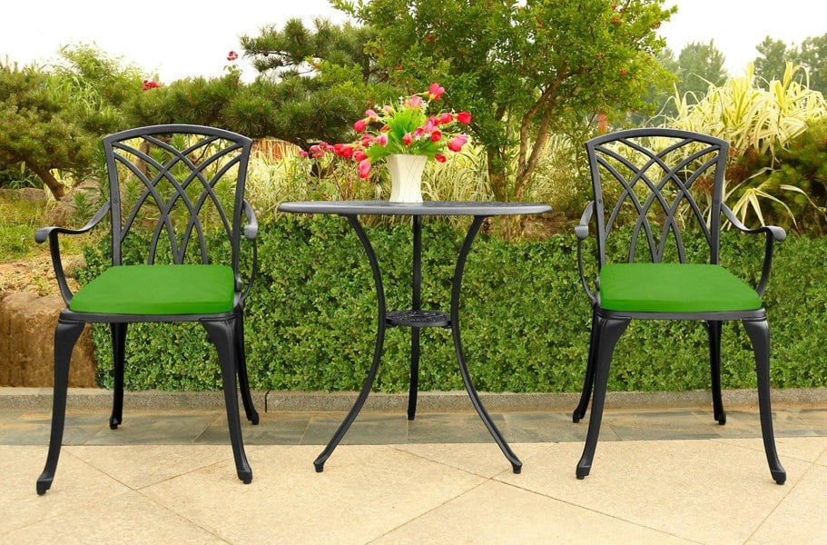 Centurion Supports OSHOWA Luxurious Garden and Patio Table and 2 Large Chairs with Armrests Cast Aluminium Bistro Set - Black with Green Cushions
