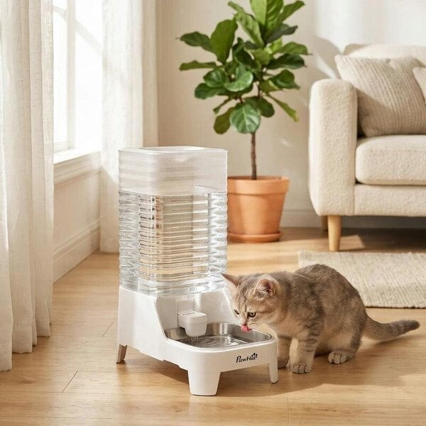 Automatic Pet Water Dispenser, 8L Gravity Dog Water Dispenser with Patented Tap, Stainless Steel Bowl, White