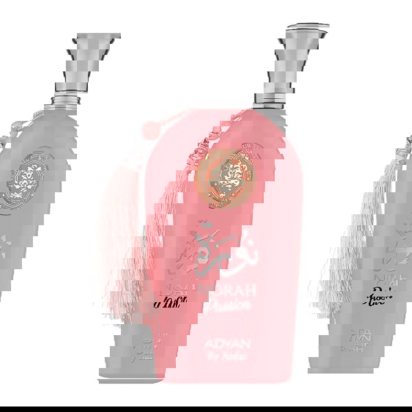 adyan Norah_Passion Pink perfume bottle with silver cap and tassel on a white background