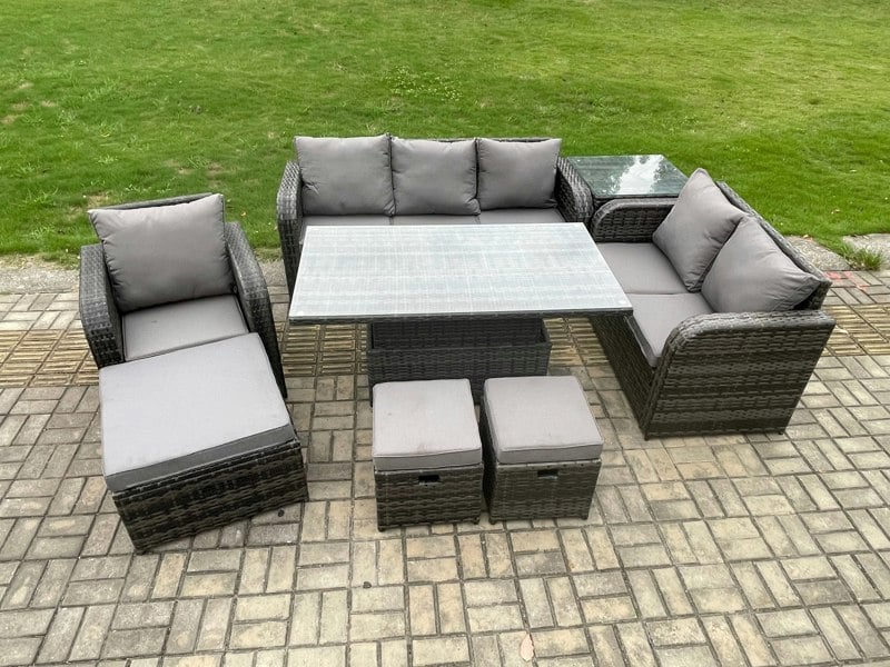 Fimous Dark Grey Mixed Rattan Outdoor Dining Set - Height Adjustable Lifting Table, Reclining Chair, Side Table & 3 Footstools