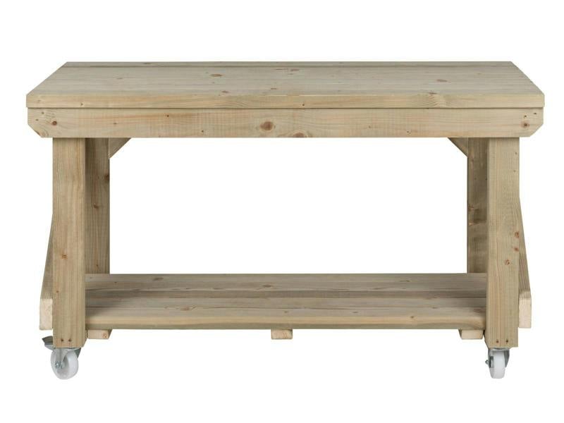 Indoor/Outdoor Pressure-Treated Single Shelf with wheels Workbench, a robust and versatile solution for all your workspace needs. Handcrafted in the UK, this workbench is constructed from high-quality, pressure-treated timber, ensuring durability and resistance to the elements, making it suitable for both indoor and outdoor use.