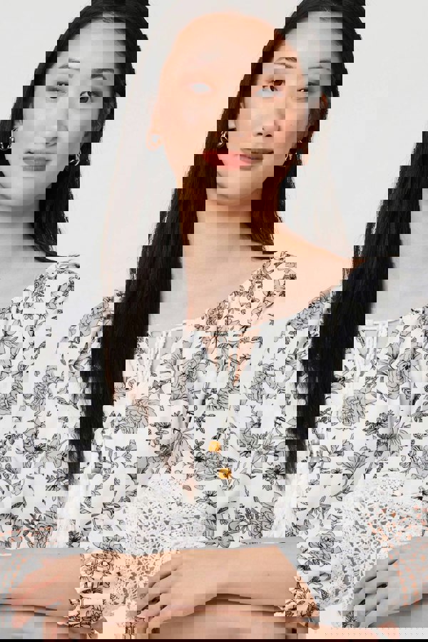 White | Floral Lace Trim Tie Neck Bardot Blouse
