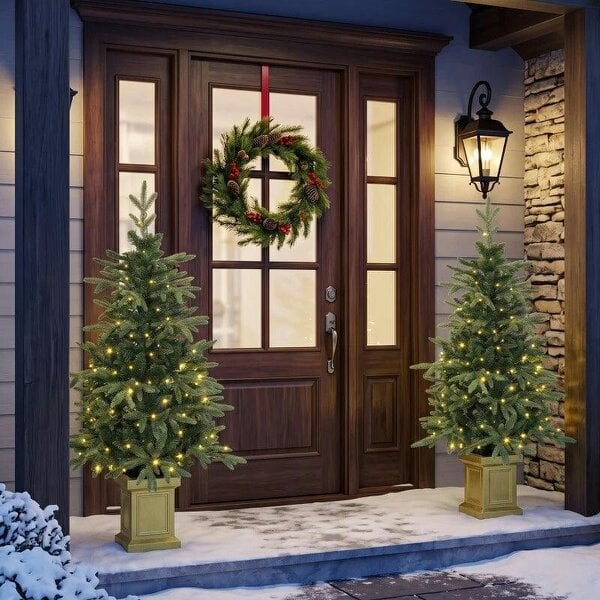 Bobobiy Set of 2 Prelit Christmas Trees with Dual-Colour LEDs, Remote, 4ft Artificial Aspen Fir Battery-Operated, 11 Modes, Pot