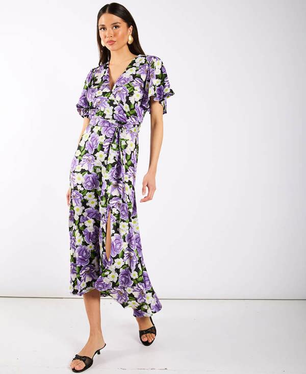 Purple Floral Wrap Midi Dress Short Sleeves