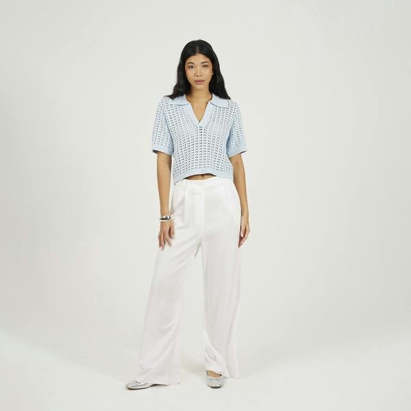 Brave Soul Blue Pointelle Knit Collared T-Shirt - Blue Image 3