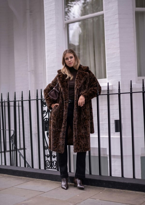 Gini London Chocolate Leopard Print Premium Faux Fur Belted Coat
