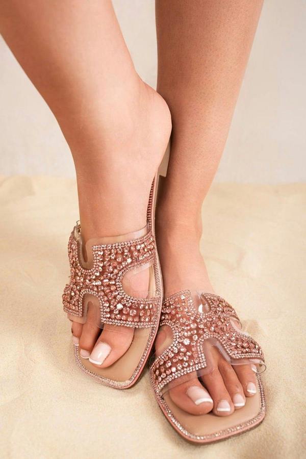 Aisley Gem Embellished Slip-on Flat Sandals - Pink